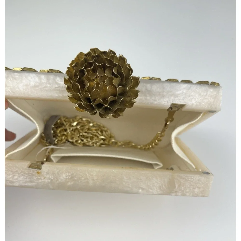 Kundan Mirror Rhinestone Clutch Resin Cream Marble Gold Tone Chain Boho Flower